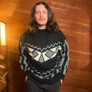 VINTAGE 90s Grandpa Sweater Size XL Geometric Striped Retro Knit Pullover